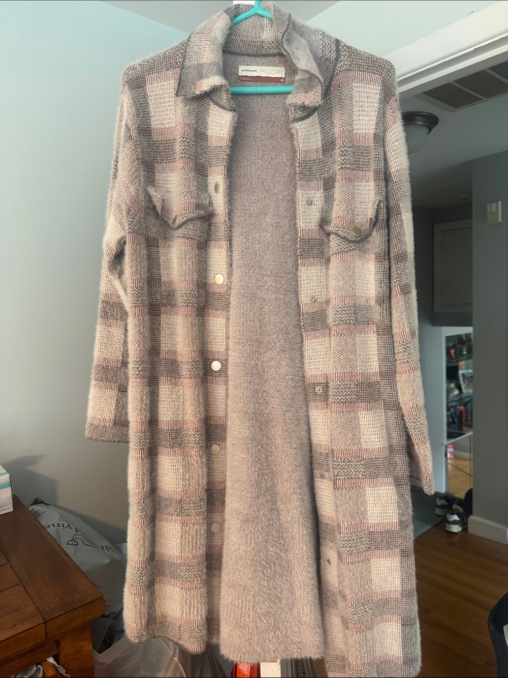 Pilcro Cozy Plaid Longline Knit Feather Cardigan Jacket - Pink & Cream XS Anthro